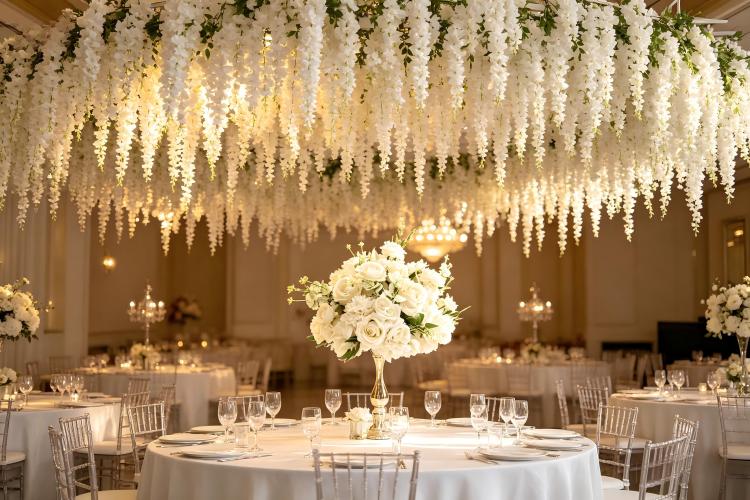 wedding reception ceiling white wisteria garland canopy installation