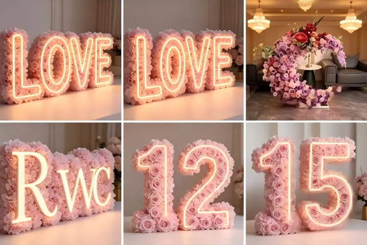 collage six different flower sign styles LOVE neon monogram corporate number welcome sign