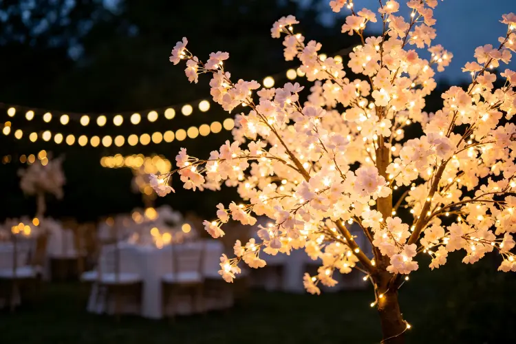 LED light-up artificial cherry blossom tree glowing warm white at evening wedding
