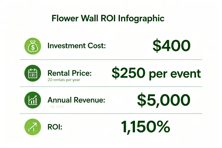 Flower wall pricing and ROI infographic showing cost vs rental income vs payback period