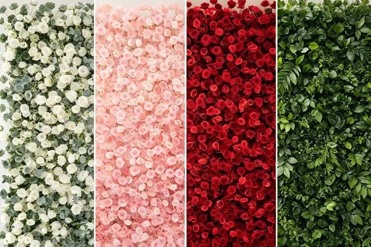 Custom flower wall examples showing different colors, flower types, and gradient designs