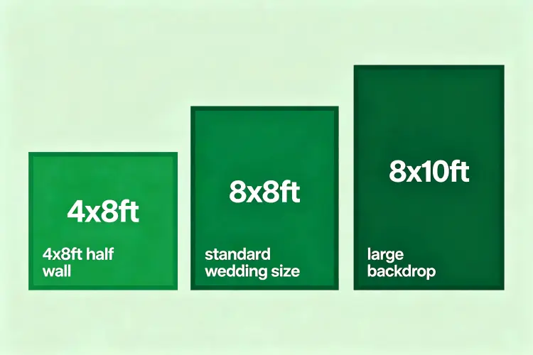 Standard flower wall sizes comparison showing 4x8ft, 8x8ft, and 8x10ft dimensions