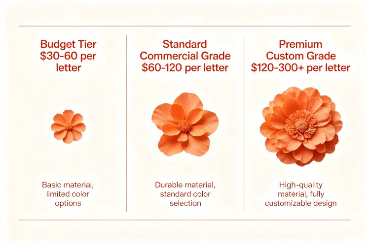 Flower sign price tier comparison showing budget, standard, and premium grades with examples