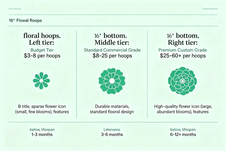 Floral hoop price tier comparison showing budget, standard, and premium grades with examples