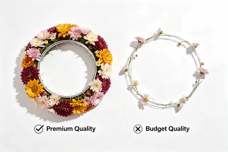 Quality comparison of premium vs budget floral hoops showing ring thickness, density, and flower attachment