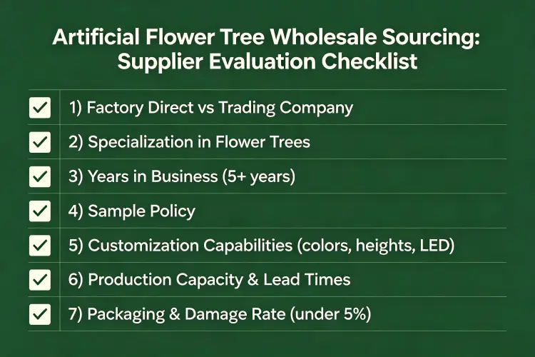 Supplier evaluation checklist for artificial flower tree wholesale sourcing with 7 criteria