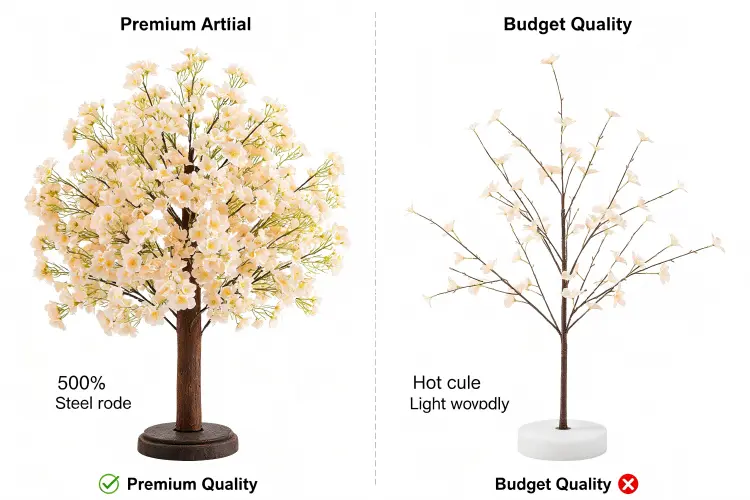 Quality comparison of premium vs budget artificial flower trees showing trunk, density, and flower attachment