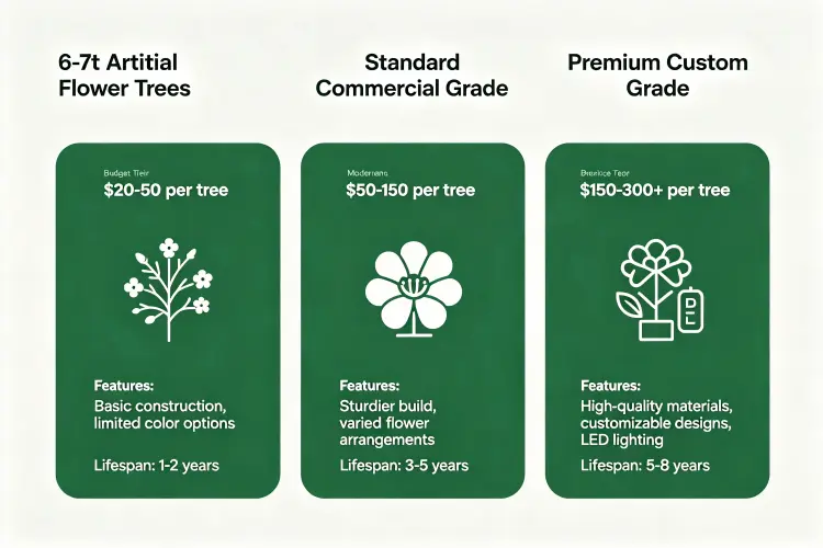 Artificial flower tree price tier comparison showing budget, standard, and premium grades with examples