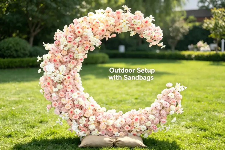 Moon gate arch used outdoors at garden wedding with sandbag weights for stability