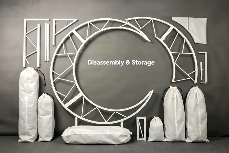 Moon gate arch disassembly and storage showing pieces packed in protective bags for transport