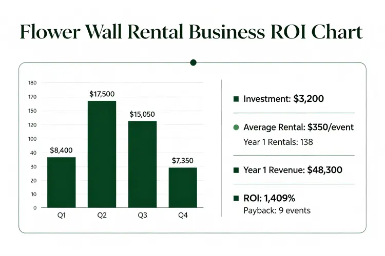 Flower wall rental business ROI chart showing investment, revenue, and payback period