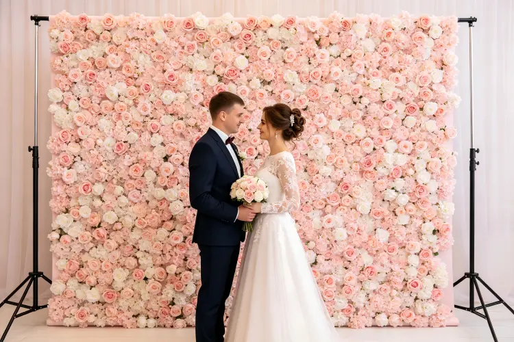 Blush pink artificial flower wall backdrop at wedding ceremony with couple standing in front
