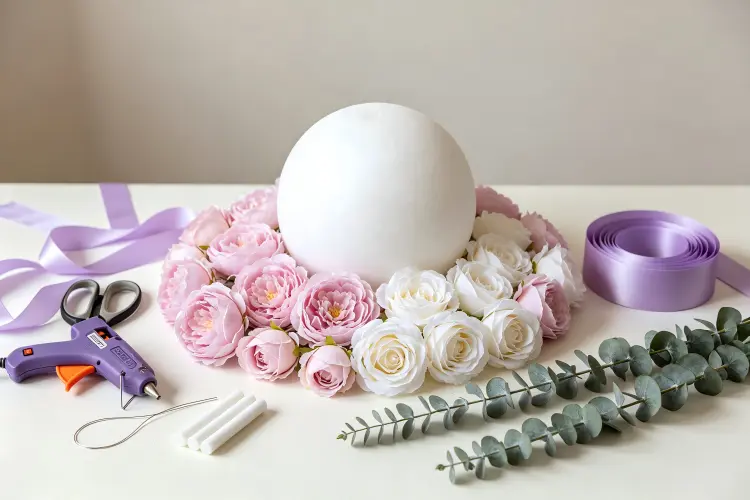 Materials and tools for DIY flower ball centerpiece including foam ball, artificial flowers, glue gun, and ribbon