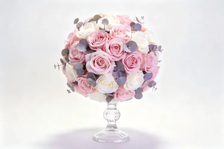 Finished DIY flower ball centerpiece in blush pink and white with eucalyptus greenery on glass pedestal