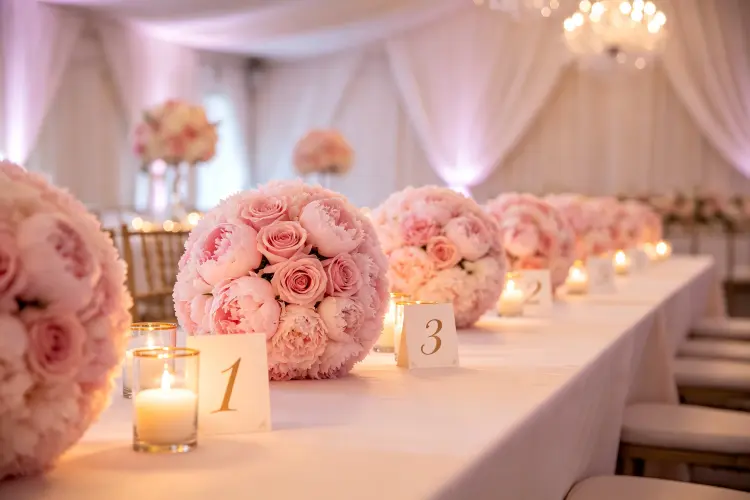 DIY flower ball centerpieces on wedding reception tables with candles and table numbers