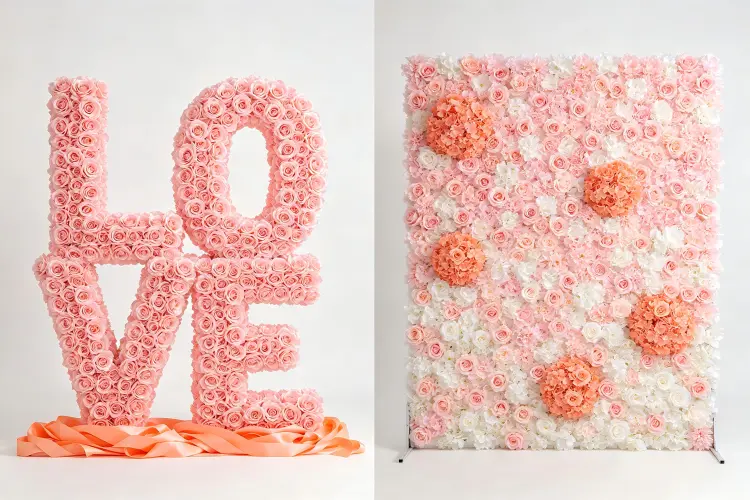 Side by side comparison of custom flower letter sign and artificial flower wall backdrop at wedding