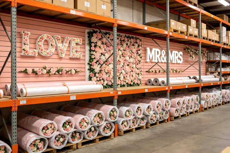 Event rental warehouse inventory showing multiple flower signs and rolled flower wall panels in storage