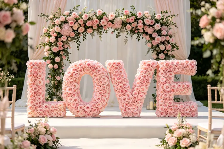 Custom 5ft LOVE flower letter sign at wedding ceremony backdrop with couple