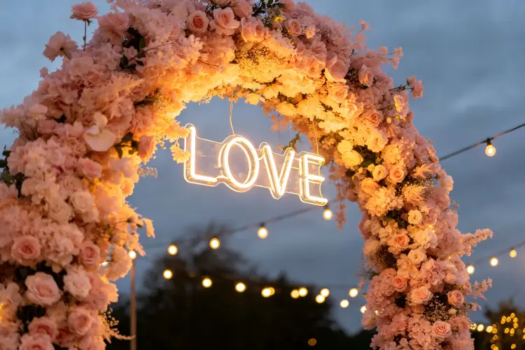 Flower arch with custom neon sign of couple's names glowing at evening wedding reception