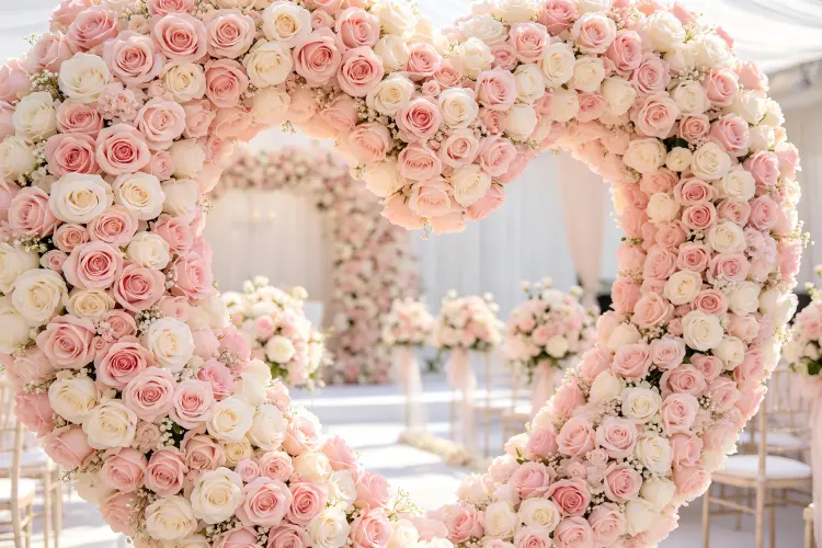 Heart-shaped flower arch fully covered in blush pink and white roses at romantic wedding ceremony