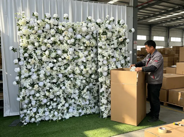 Modular prefabricated floral installation assembly process warehouse workers building flower wall