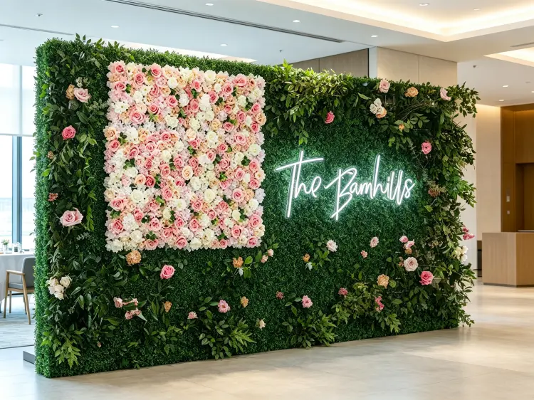 Rental business immersive floral installation setup at corporate event with branded backdrop