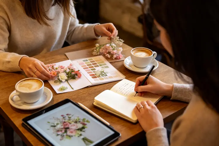 Two women meeting at coffee shop, one showing floral samples on tablet, open notebook with handwritten notes
