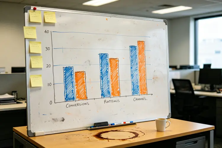 Handwritten whiteboard notes comparing cold traffic conversion vs planner referral conversion for event rentals