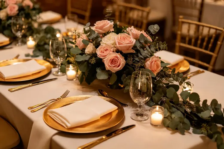 Elegant wedding reception table setting with floral centerpieces, charger plates, gold cutlery, and linen napkins arranged as complete decor package