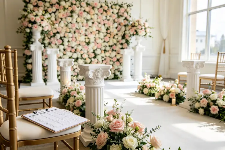 Professional event rental team setting up artificial flower wall and columns at wedding venue, coordinator reviewing setup checklist, elegant ceremony space with soft natural light