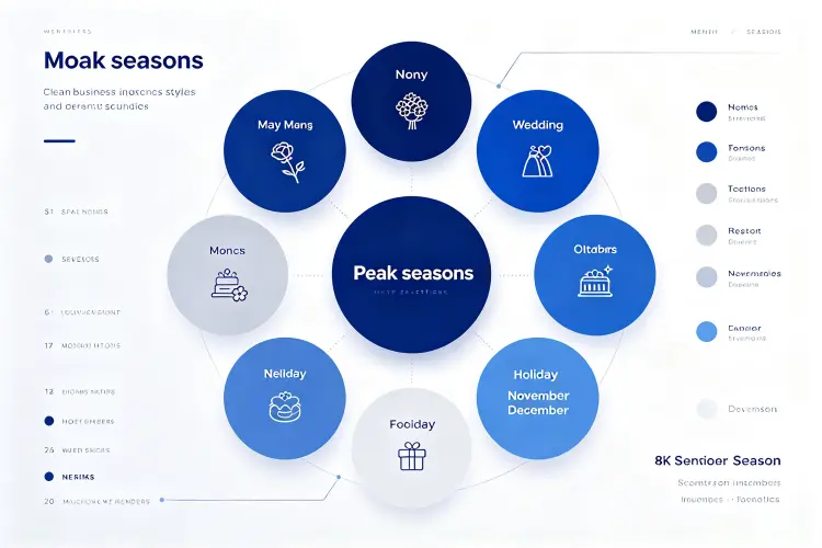 Clean business infographic style calendar, 12 months laid out in a circle, peak season months highlighted in deep blue, slow season in light gray, professional minimal design