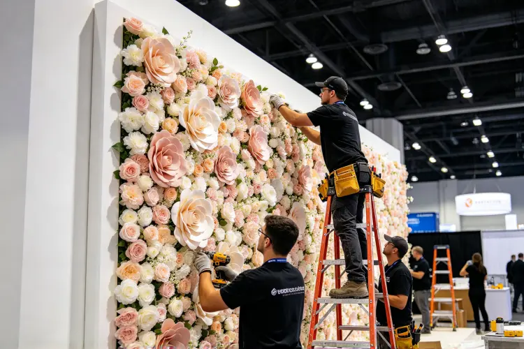 Event setup team installing branded flower wall at corporate conference venue