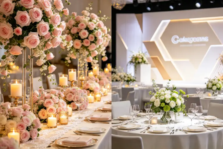 Comparison of wedding event decor vs corporate event decor setup side by side