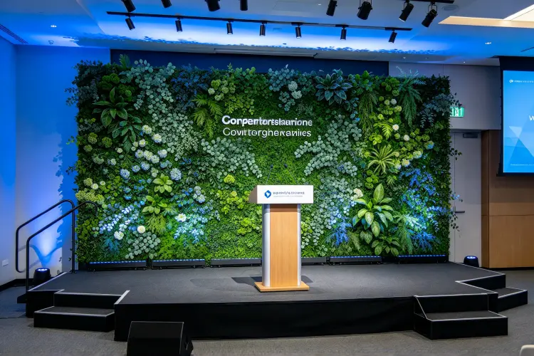 Lush greenery eucalyptus flower wall backdrop at modern corporate event