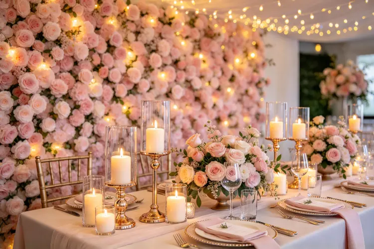 Soft blush pink flower wall backdrop at romantic wedding reception