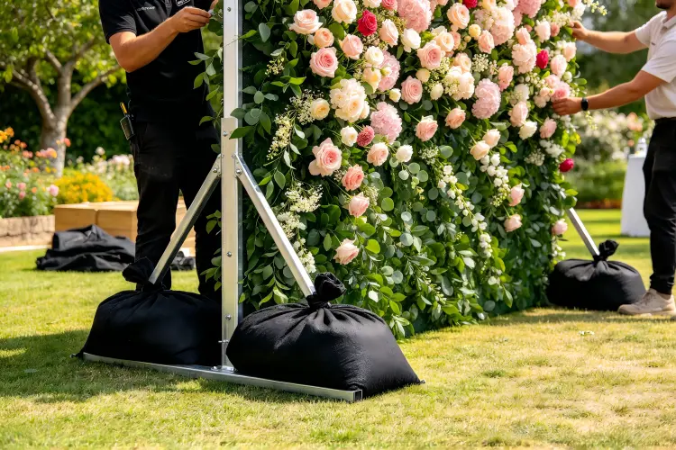 Outdoor flower wall installation with sandbag weights securing the stand at garden event