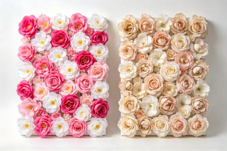 Comparison of new vibrant artificial flower wall vs faded UV damaged flower wall side by side