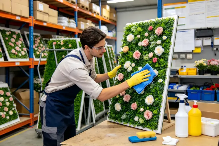 Cleaning and maintaining artificial flower wall panels with damp cloth in warehouse storage