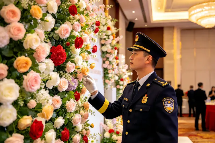Fire marshal inspecting artificial flower wall decor at commercial event venue