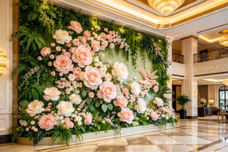 Luxury hotel lobby with artificial flower wall and greenery installation commercial grade