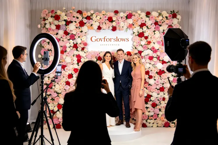 Corporate event attendees taking photos in front of branded flower wall photo booth