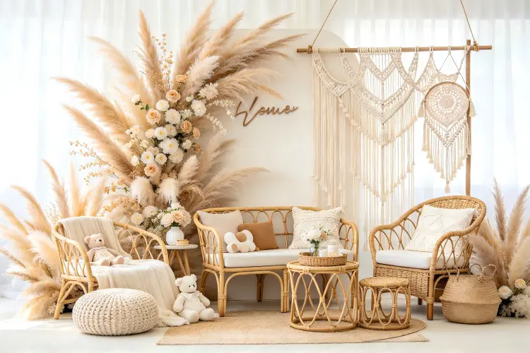 Boho style baby shower setup with pampas grass flower wall and neutral tones