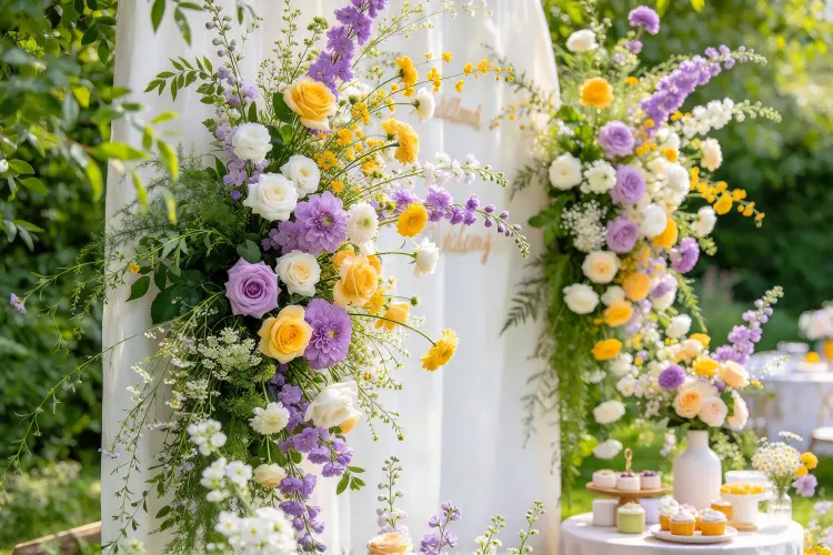 Wildflower theme baby shower with lavender yellow white flower wall