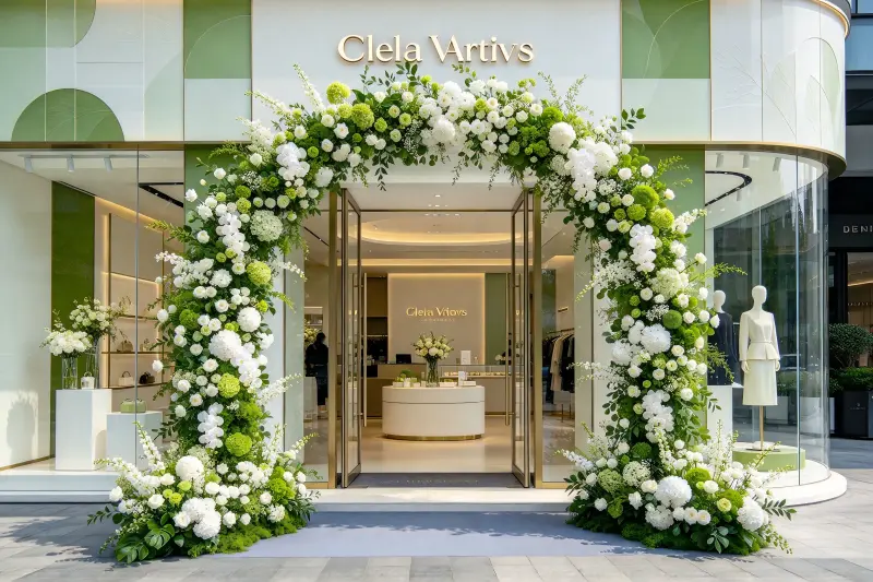 Interior retail store display with artificial flower arrangements near checkout