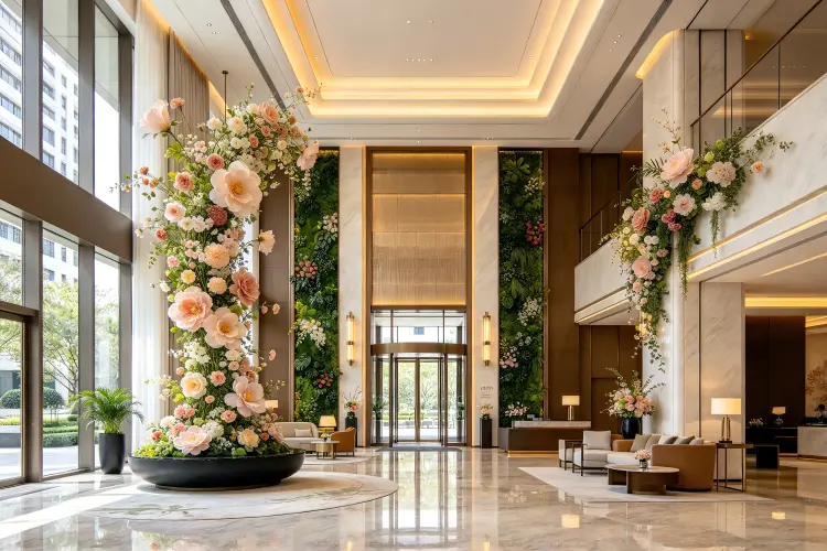 Restaurant dining area with permanent floral arrangements on walls and columns