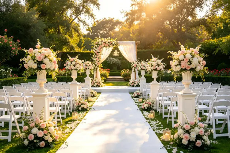 Wedding ceremony site with aisle runner posts and floral accents full view