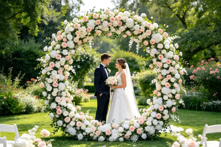Complete wedding ceremony decor setup with arch backdrop and aisle flowers