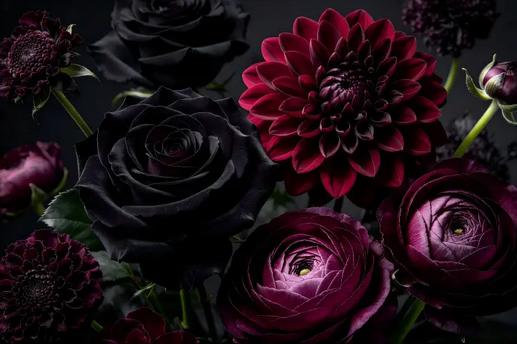 Dark romantic flowers black baccara roses and burgundy dahlias close-up