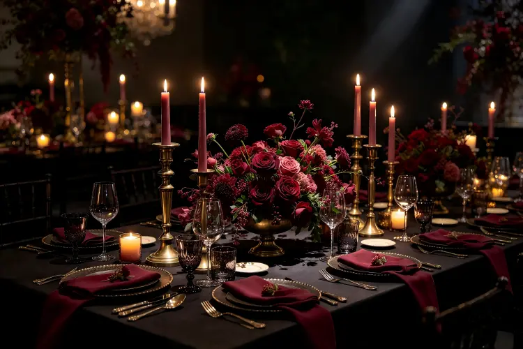Moody wedding reception table with burgundy centerpieces and candlelight