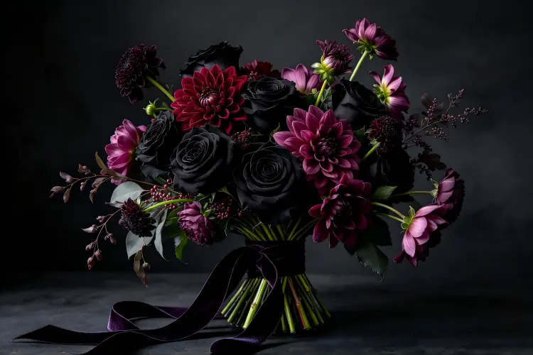 Moody bridal bouquet with black roses burgundy dahlias and plum gradient
